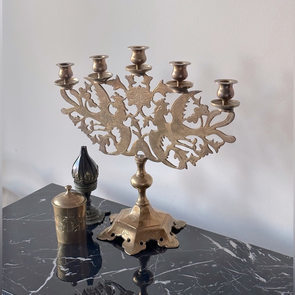 Large 5 Candle Brass Holder Dragon Etched Design Pedestal Base Natural Patina